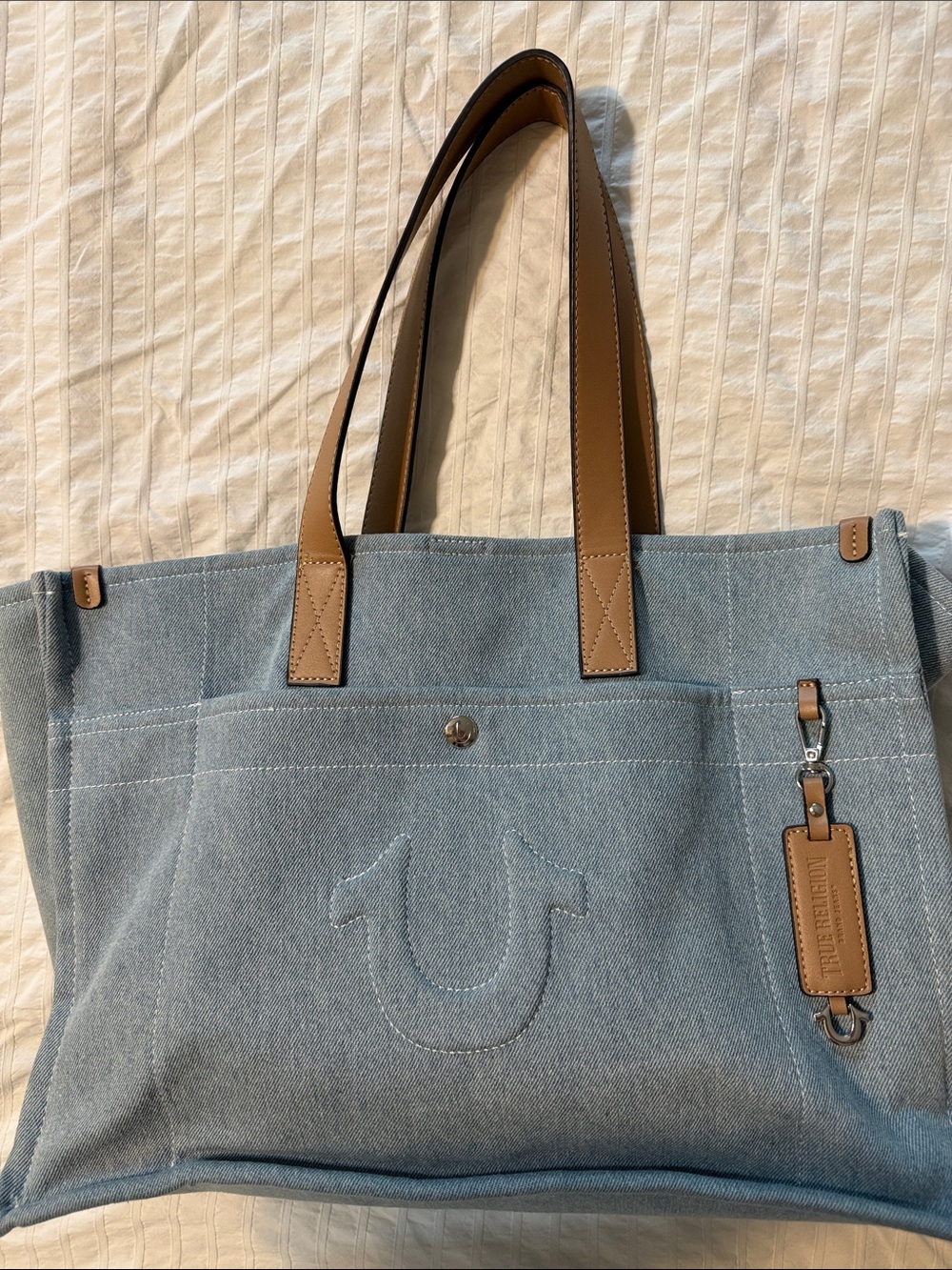 True Religion Blue Denim Tote with Tan Leather Handles